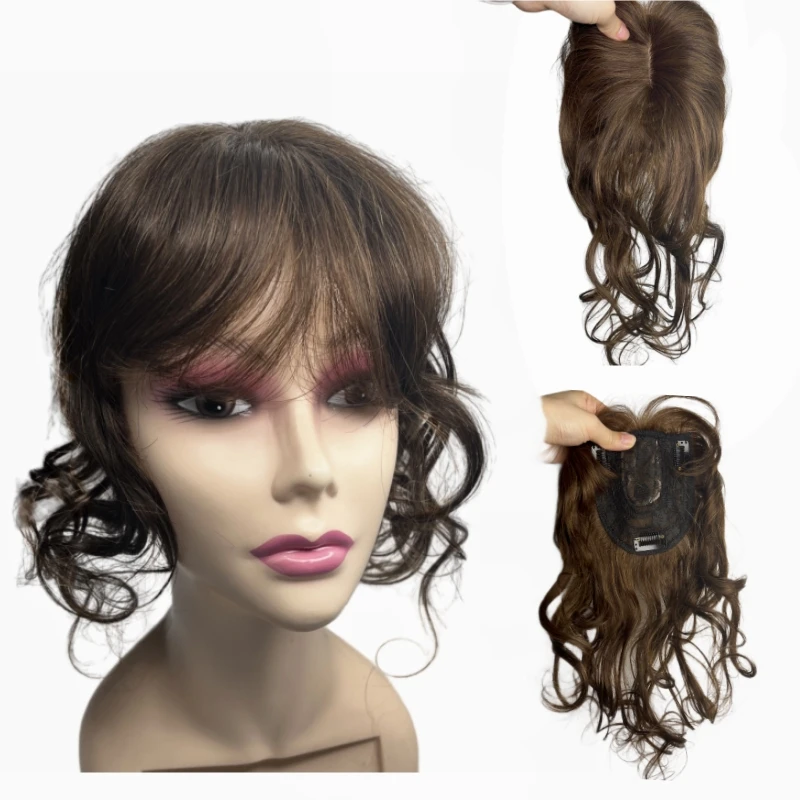 Curly Wavy Human Hair Toppers with 3D Bangs for Women 35 cm Middle Part Clip-in Hairpiece Extension With Skin Scalp 10x12 cm