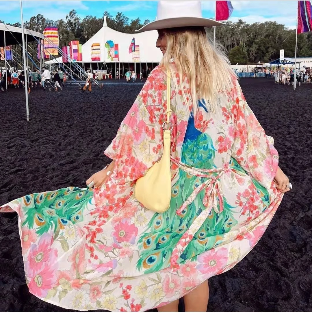 

AYUALIN Boho Beach Wear Bikini Cover-ups Cardigan Cotton Rayon Pink Peacock Floral Printed Kimono Dresses for Women Robe Gown