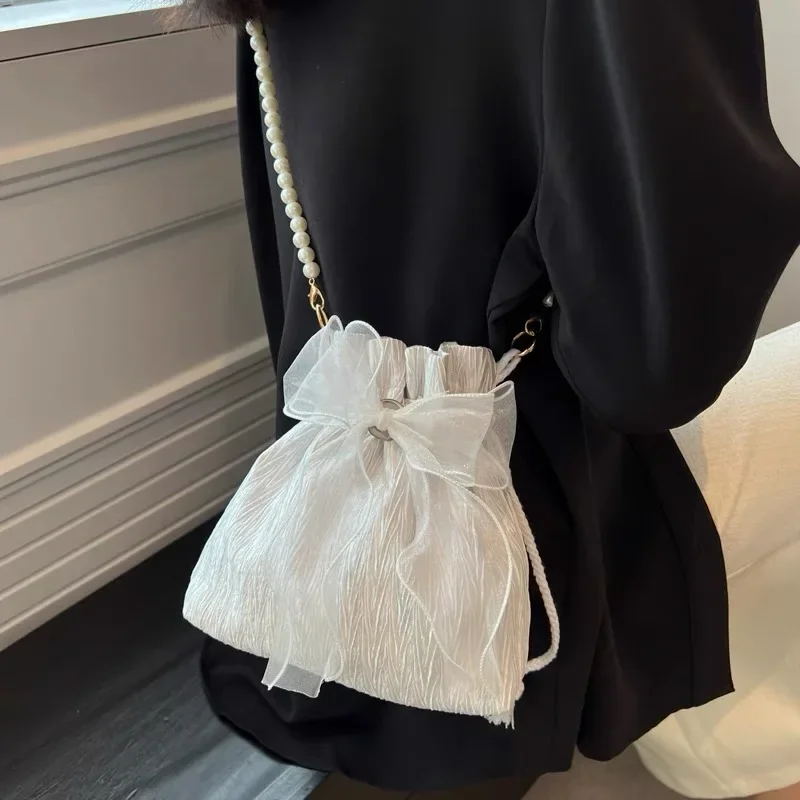

Summer Fairy Gentle Wind Bow Bucket Bag Female 2024 New Tide Texture Small Versatile Shoulder Cross-body Bag