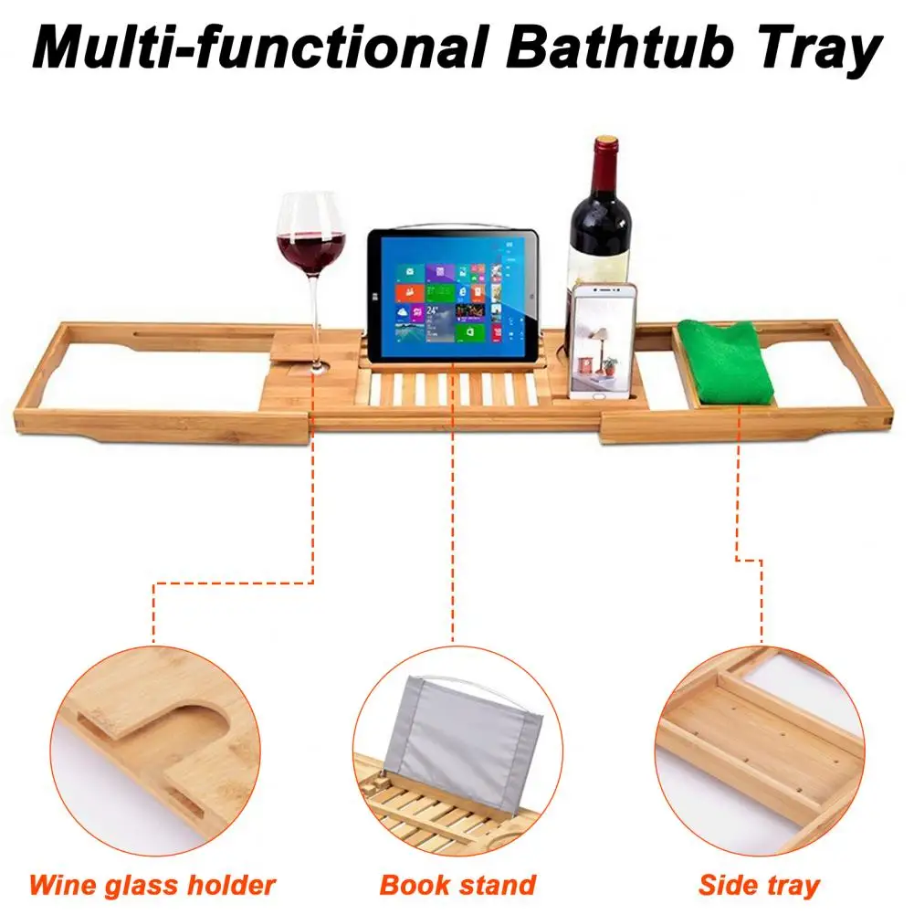 Waterproof Bath Caddy Luxurious Bamboo Bath Tray with Wine Glass Holder Adjustable Shelf Book Stand Non-slip Design for Ultimate