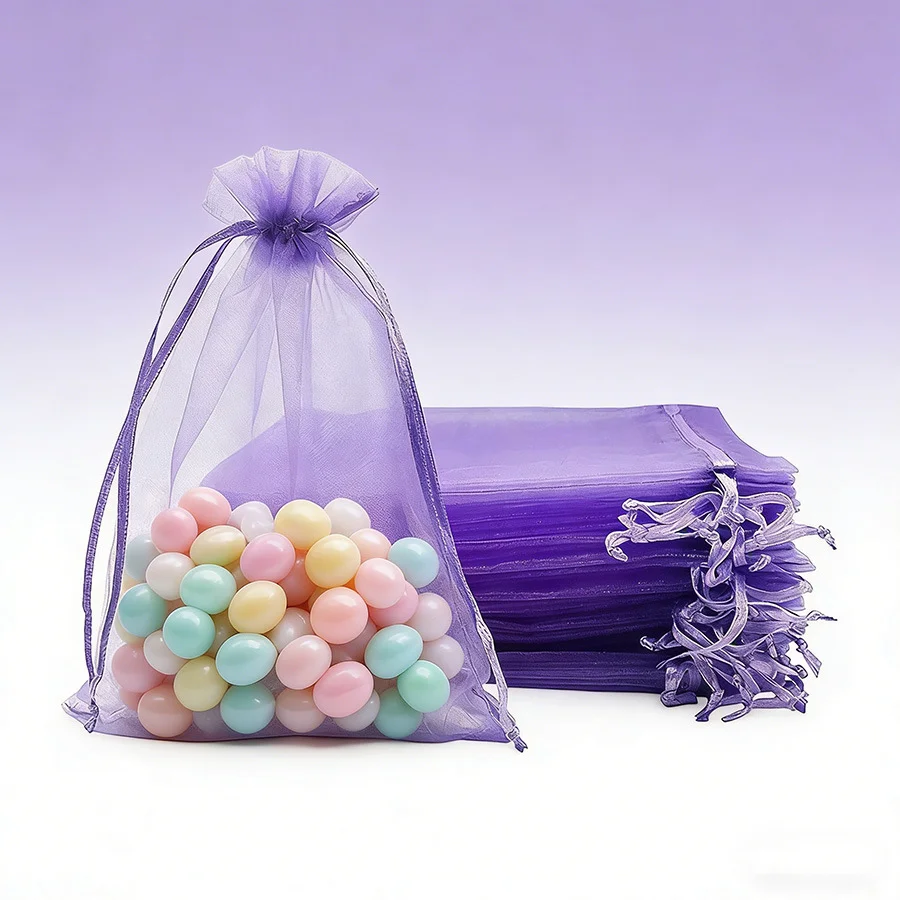100 Stück Organza-Beutel, lila, Netz-Organza-Schmuckbeutel mit Kordelzug, kleine Geschenkbeutel mit Kordelzug, für Weihnachten, Süßigkeiten, Hochzeit, Geburtstag – Detail 4
