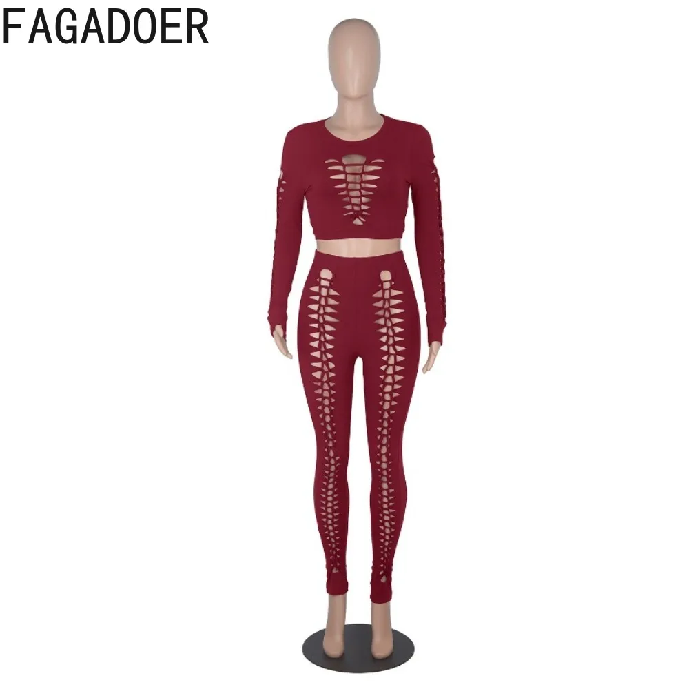 FAGADOER Black Hollow Out Slim Fit 2 Piece Sets Female Sexy Fashion Long Sleeve Crop Top Stretch Pants Outfits 2pcs Matching Set