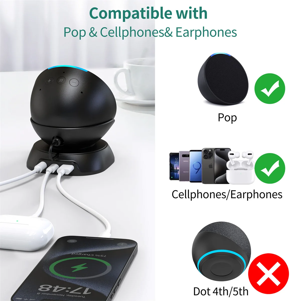 Homemount-echo pop充電スタンド,USB-CおよびUSBポート,電話と