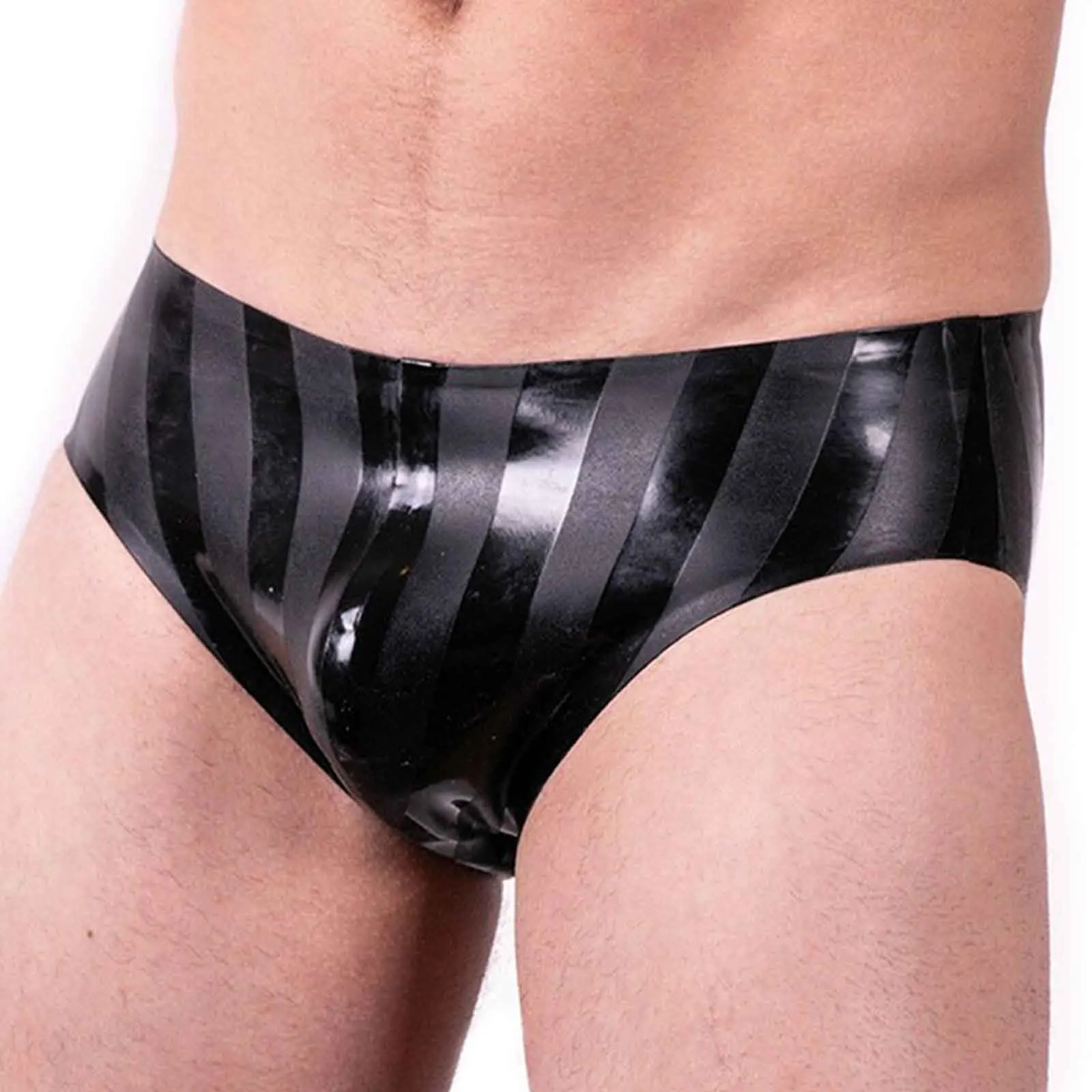 

MONNIK Black Stripe Latex Briefs Men Sexy Shorts Tight G-string Underpants for Bodysuit Cosplay Party Underwear