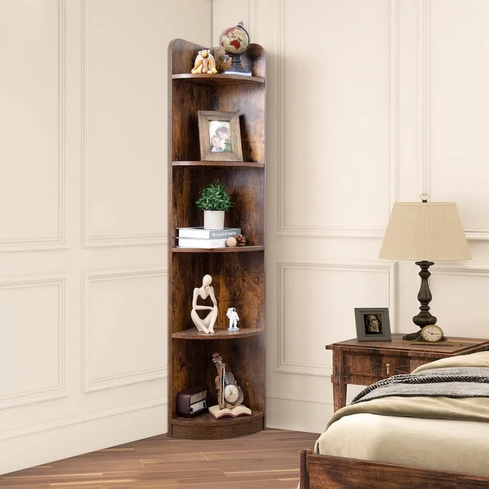 Corner Bookshelf, 5-Tier Bookshelf, Durable Wood Cabinet, 63 Tall Modern Freestanding Corner Bookcase