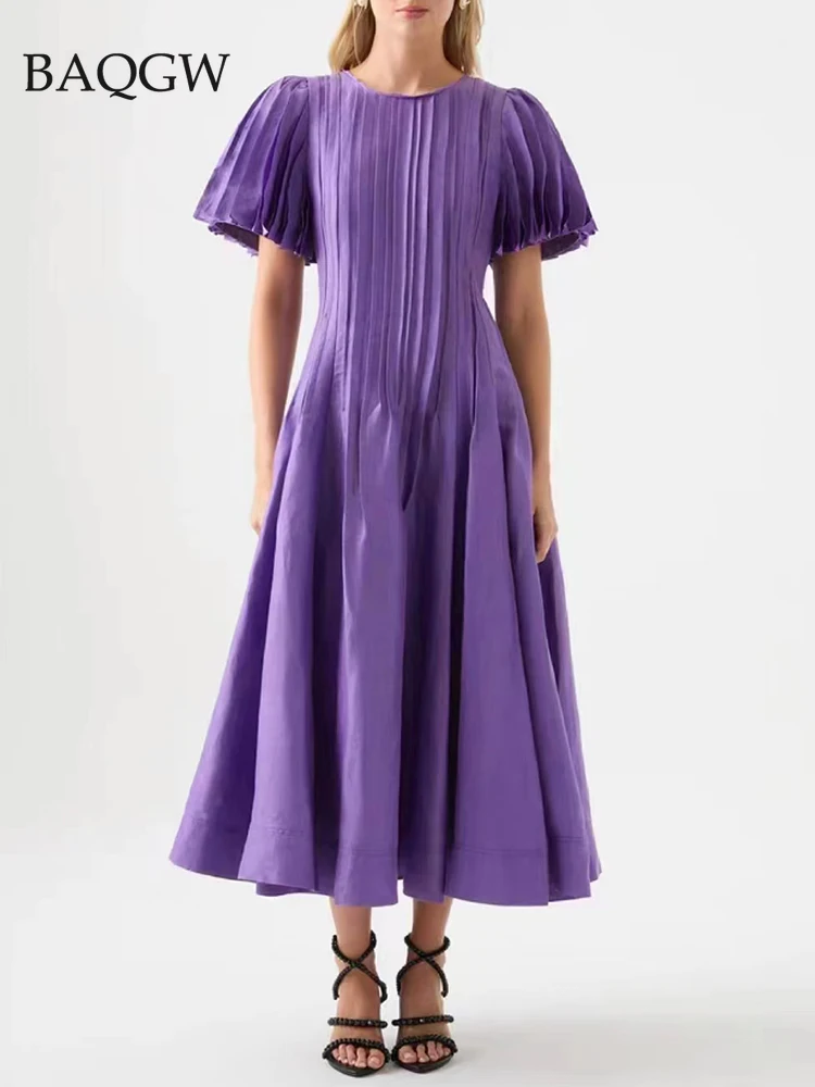 

Purple Slim Long Dress for Women Round Neck Puff Sleeve High Waist Patchwork Pleasted A Line Dresses Female Spring Clothing