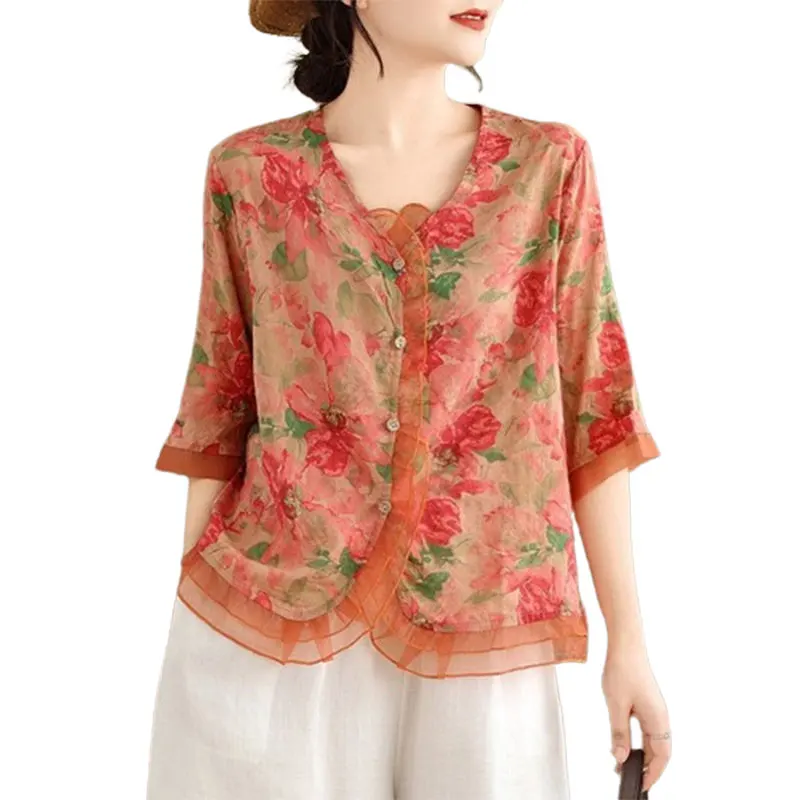 Elegant Fashion Harajuku Slim Fit Female Clothes Loose Casual All Match Tops Women Patchwork Printed Button Middle sleeve Blusa