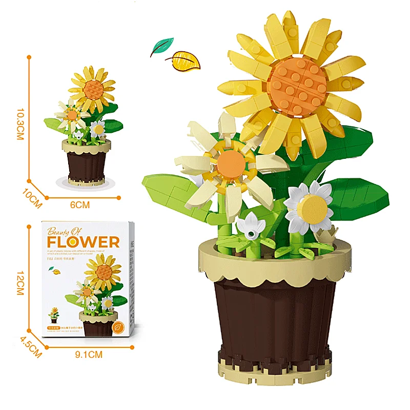 thumbnail image 1 of Ramo de bloques de construcción creativos, regalo en maceta con planta de flor eterna, planta en maceta con girasol y rosa, juguete de bloques de construcción ensamblado, 1 of 5
