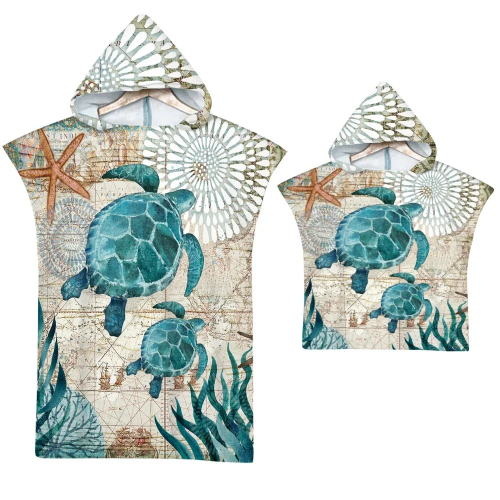 Sea Turtle Large Beach Towel Bath Towels Quick Dry Hooded Cloak Wetsuit Adult Kid Parent-Child Poncho Bathrobe For Swim Surf Quick Drying Towel