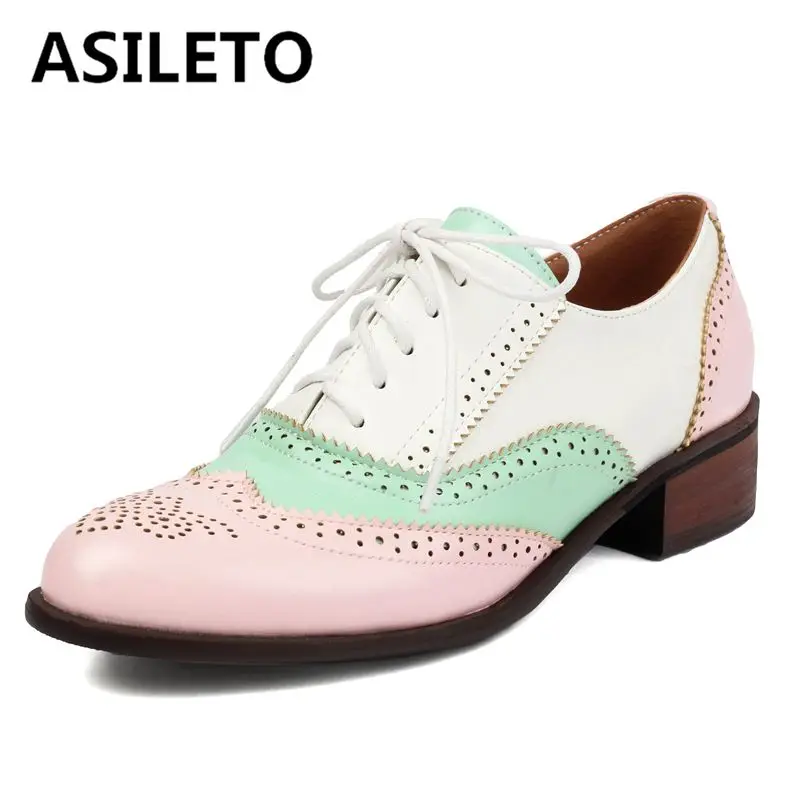 

ASILETO British Style Vintage Women Flats Round Toe Thick Heels Hollow Mixed Color Lace Up Brogues Casual Shoes Big Size 47 48