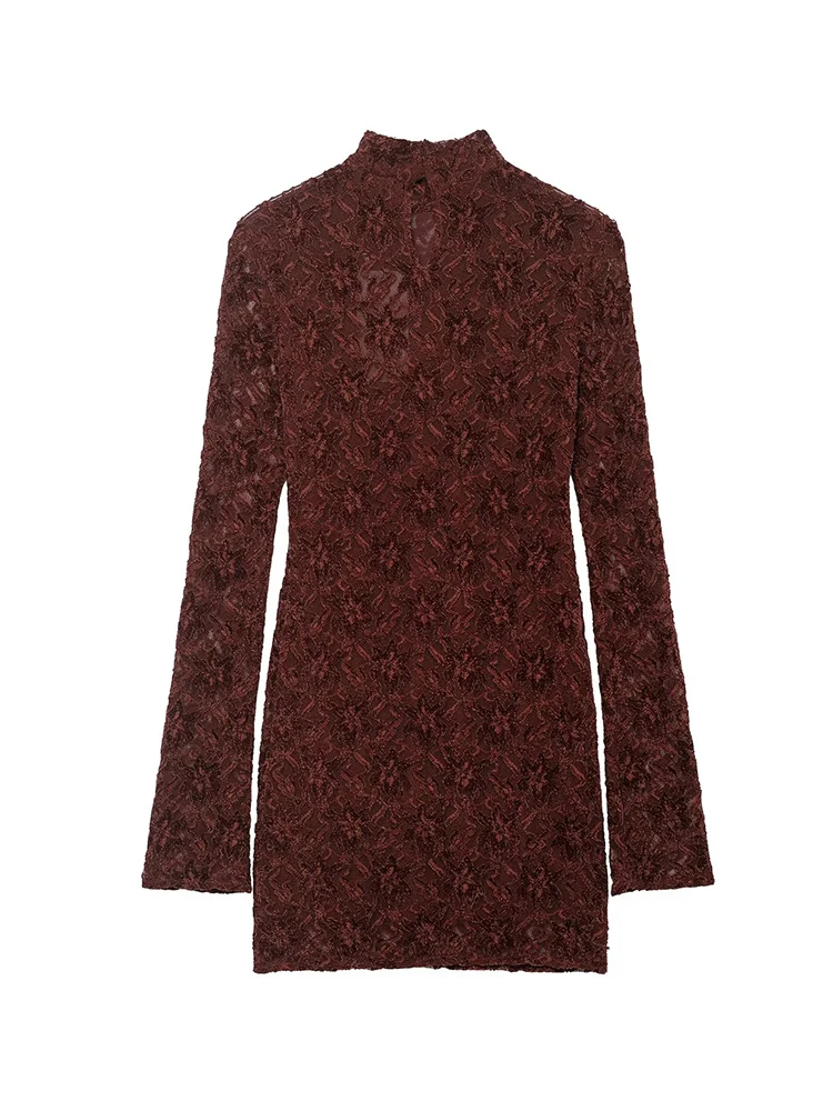 Sexy Women's Lace Mini Dresses Solid Color Turtleneck Long Sleeves Elegant Bodycon Streetwear Fashion Female Soft Lace Dress