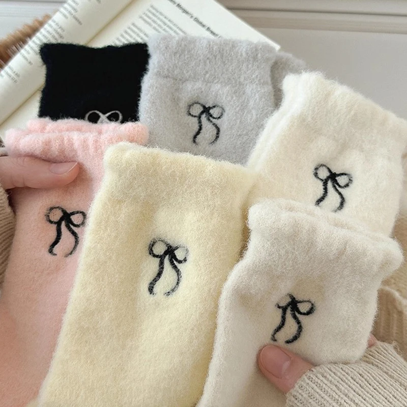 Cozy Mink Velvet Bow Plush Socks - Warm Fluffy Hosiery