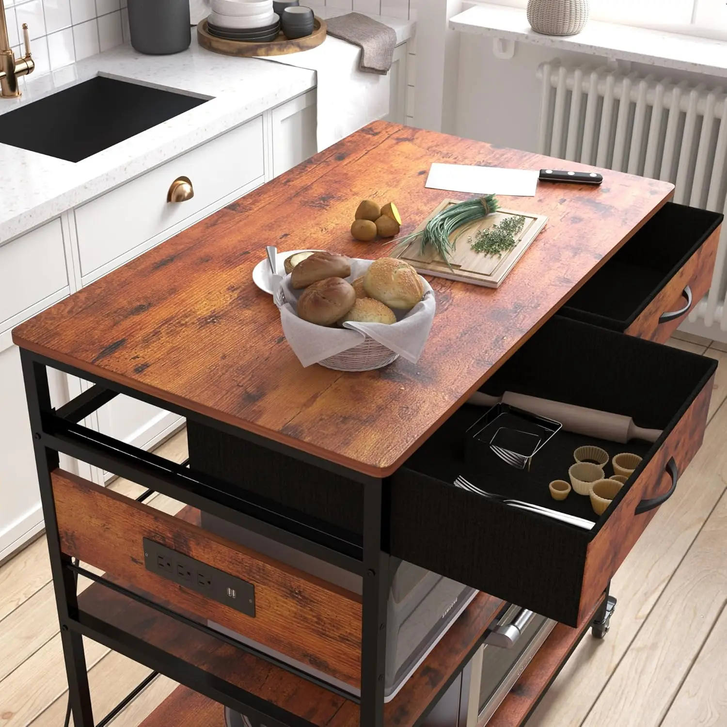 Island with Storage,Rolling Kitchen Island Cart with Power Outlet,Industrial Kitchen on Wheels,Kitchen Cart for Home,Outd