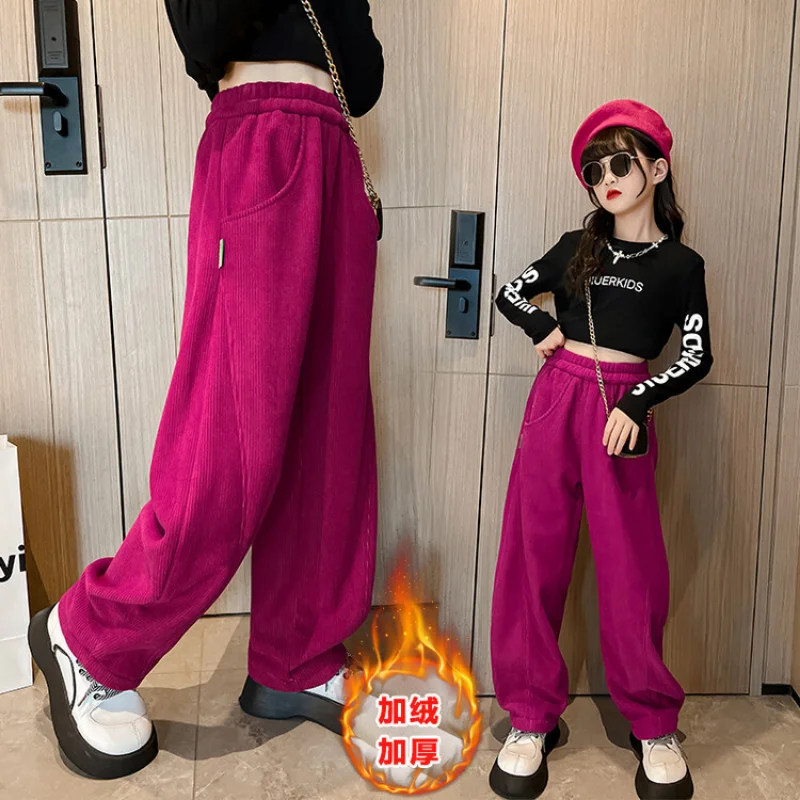 

New Teen Girls Clothes Fashion Casual Elastic Waist Sweatpants Winter Plush Thick Warm Trousers Corduroy Wide Leg Pants 4-14 Yrs