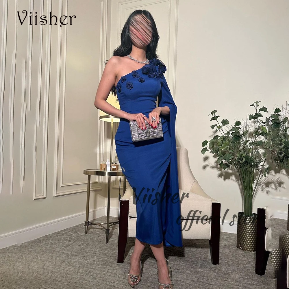 

Viisher Royal Blue Mermaid Evening Dresses One Shoulder Spandex Satin Prom Dress with Flower Arabian Dubai Formal Occasion Gowns