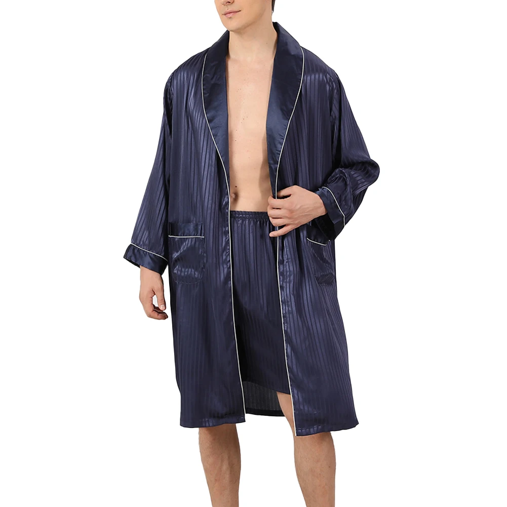 

Emulation Silk Robe Sets Solid Color Stripe Long Sleeve Soft Nightgown Bathrobe+short Pants Sleepwear Nightwear Set For Men