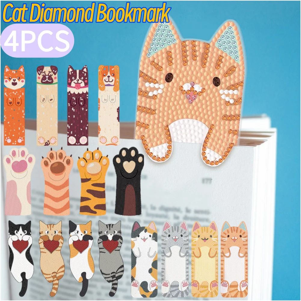 4Pcs Cat Paw DIY Bookmarks Diamond Painting Kits Diamond Painting Bookmark Making Kit Art Bookmark for Adults Beginners