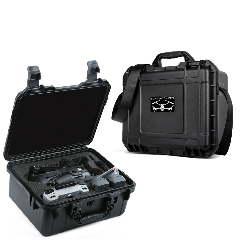Étui de transport rigide étanche pour DJI Mavic 4 Pro Combo fermé, avec serrures et joint d'étanchéité visibles.