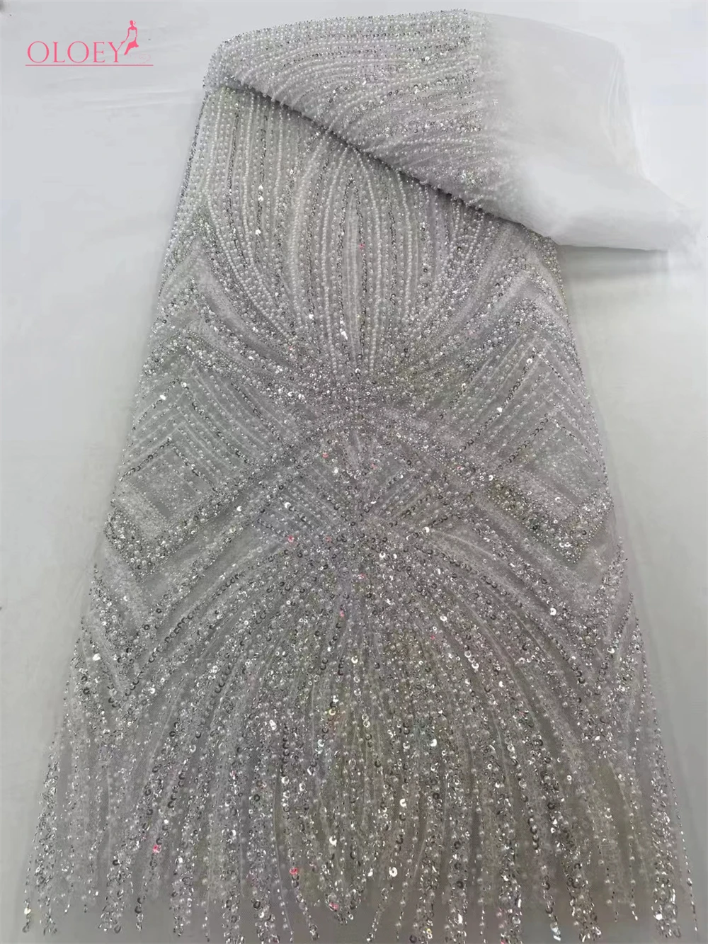 

2024 Fashion Elegant French Embroidery Beaded Lace Fabric African Nigerian With Sequins Fabric For Wedding Dress