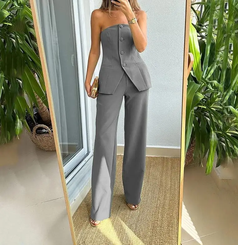 

New Fashion 2023 Hot Selling Casual Sexy Sleeveless Bra Long Pants Open Back Temperament Commuting Elegant Pant Set 2 Piece Set