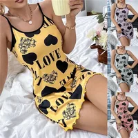 Sexy Spaghetti sangle col en v chemise de nuit femmes nuisette été ample coton chemise de nuit femme mignon imprimé robe de nuit vêtements de nuit légers 1