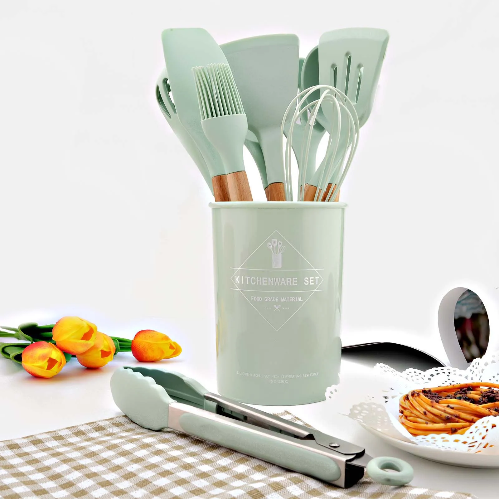 Set Di Utensili Da Cucina In Silicone E Legno – 12 Pezzi – Resistenti Al Calore 230°C – Con Pinze, Spatole E Portautensili