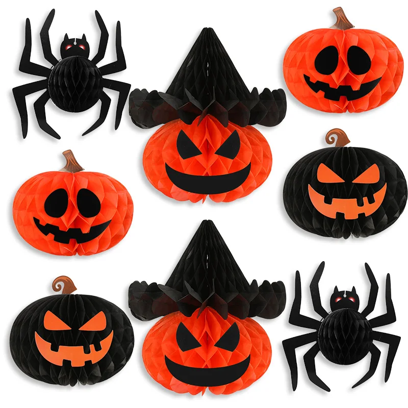 Halloween Spider Pumpkin Honeycomb Ball Decoration Home Table Ornaments Halloween Paper Hanging Paper Lantern Kids Gift Favors