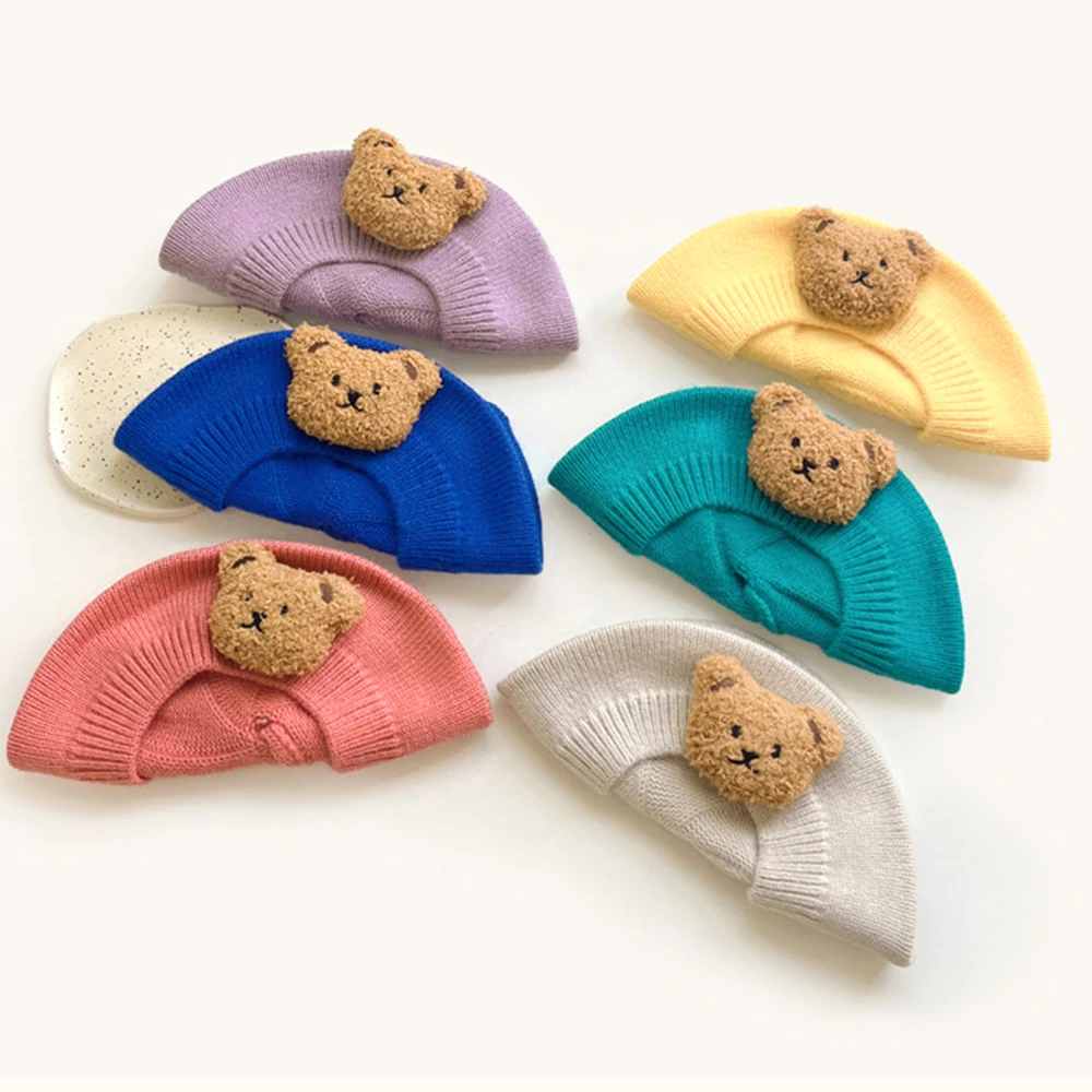 Cartoon Bear Knit Candy Colors Painter Hat for Baby Girls Hair Accessories Children Knitted Beret Cap Newborn Cute Headwear 0-4T 3