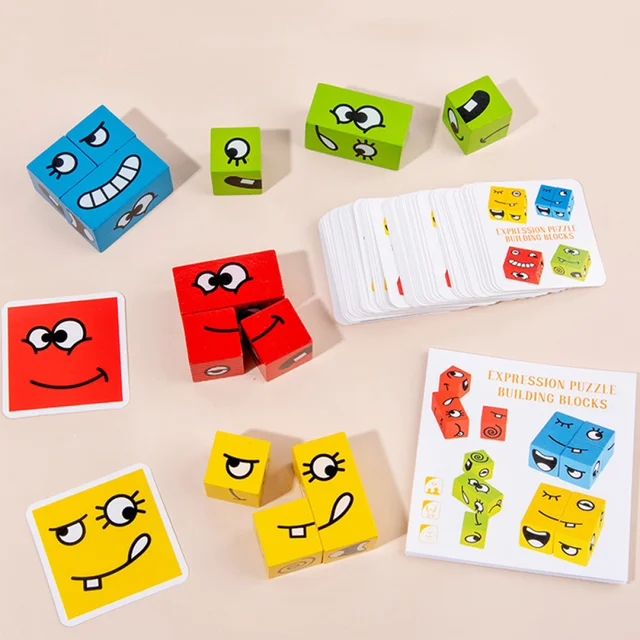 Cartoon Cube Face Changing Building Blocks Board Game Wooden Puzzle Montessori Toy Anxiety Stress Relief Toys For Children Kids 3