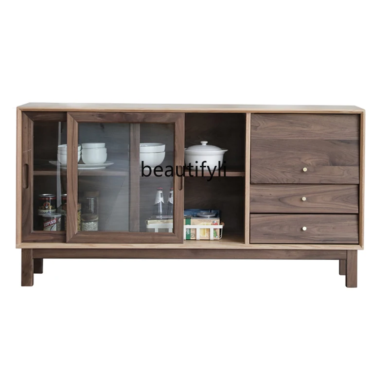 

Nordic Walnut Sideboard Dining Room Tea Cabinet Oak Cupboard Microwave Oven Side Cabinet Lockers with Glass Door