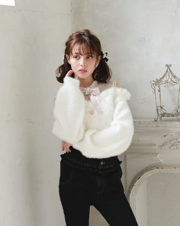 Off Shoulder Sweater for Women Bow Lace Waist Slimming Oversized Knitted  Sweater Female Long Sleeve Korean Casual Pink Jumper