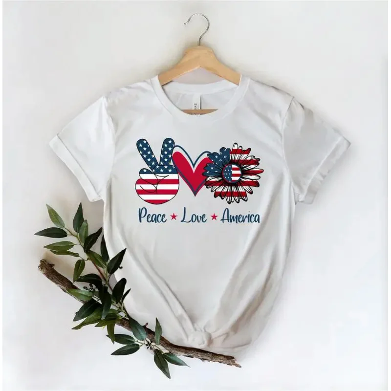 

Peace Love America 4th Of July Independence Day Shirt Color printing sunflower Short Sleeve Cotton Top Tee Unisex Drop shipping