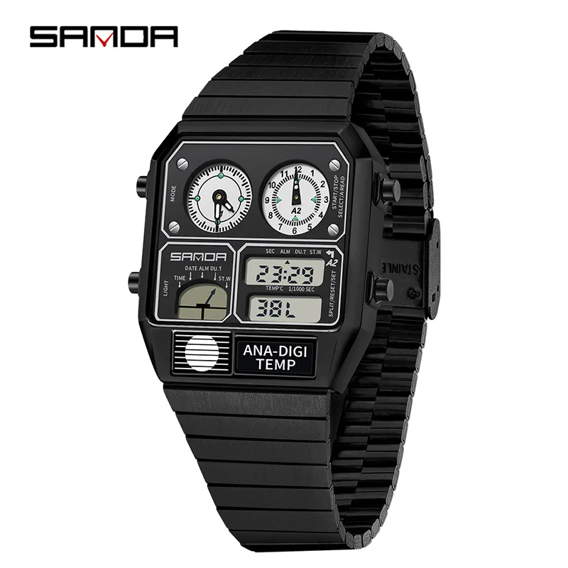 SANDA 3192 Men's Electronic Watch Square Stainless Steel Temperature Measurement Stopwatch Timing Multi functional Watch 4
