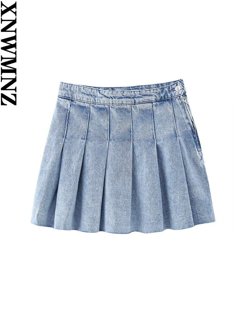 XNWMNZ 2023 Women fashion denim box pleat mini skirt woman high street high waist side zipper female chic skirt street fashion men jeans white elastic stretch skinny ripped jeans men skull designer zipper patched hip hop punk pants hombre