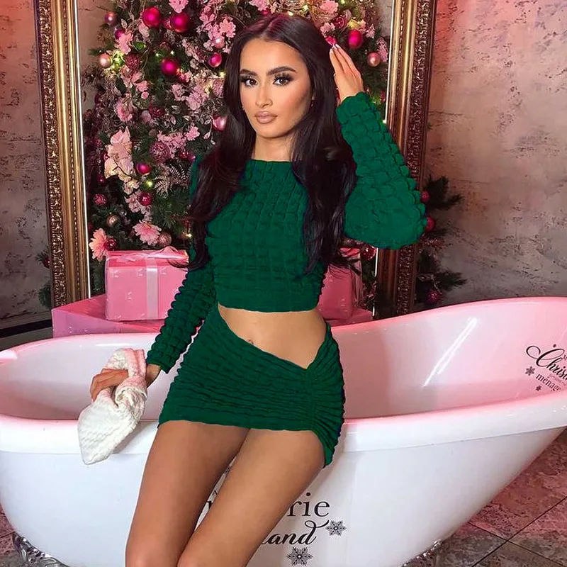 

Echoine Solid Waffle 2 Piece Sets Dress Women Solid O Neck Long Sleeve Crop Top Ruched + Bodycon Mini Skirts Suits