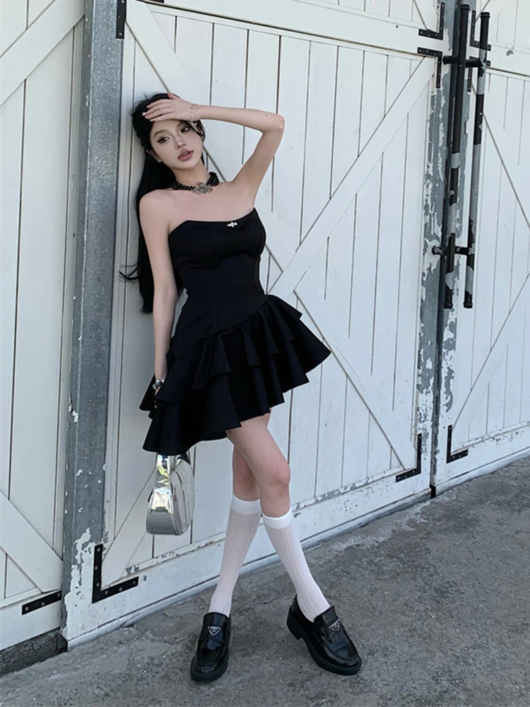 REDDACHiC Black Layered Ruffle Mini Evening Dress Women