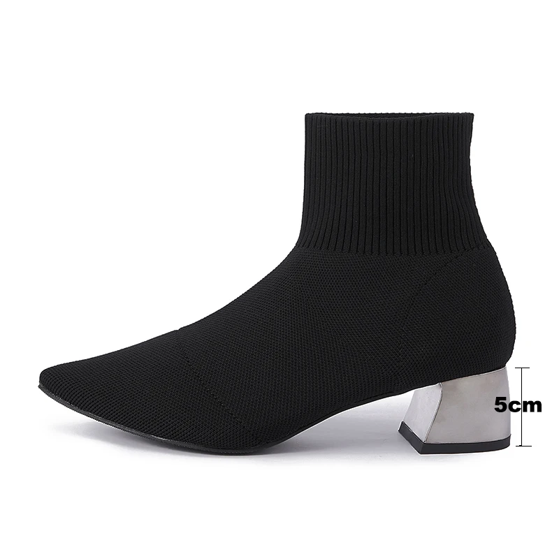 Kcenid Black Knitted Stretch Fabric Socks Boots Women Autumn Winter Shoes Metal Square Heels Pointed Toe Female Ankle Booties