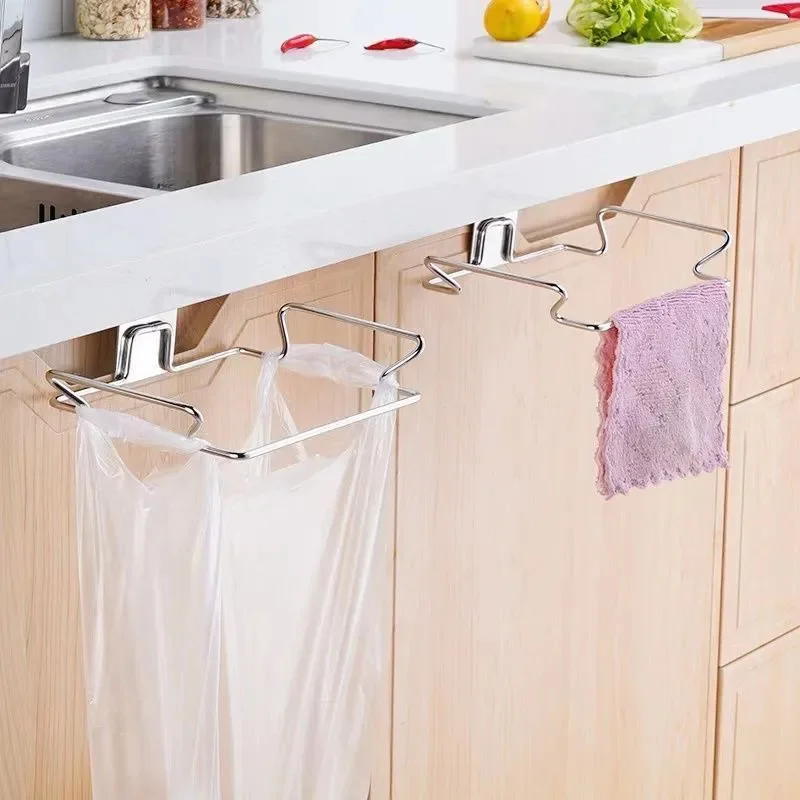 Kitchen trash bag rack cabinet door garbage bags holder stainless steel garbage rack with hanging bracket kitchen gadgets
