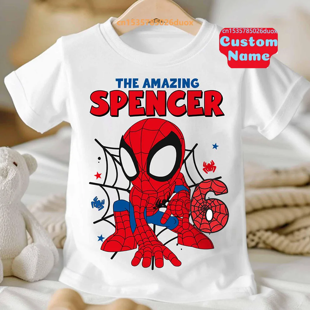 Summer 2025 Kid 2 3 4 5 6 7 8 Marvel Spiderman Girl Birthday Short Sleeve Shirt Spider-Man Boy Personalize Name Birthday Clothes 3