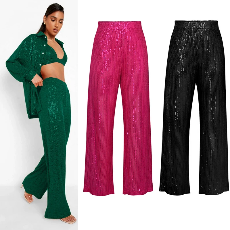 handmade studded sequin pu leather waist belt full rhinestone belt crystal diamond waist strap full diamond belt shiny rivet Women Fashion Sequin Wide Leg Pants 5 Colors Shiny  Korean Style Trousers High Waist Straight Tube Loose Mopping Long Pants