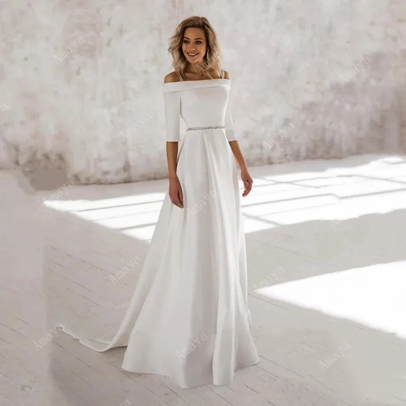 Simple Boho Off The Shoulder Wedding Dress Half Sleeves Vestido De Casamento Satin Wedding Robe Party Gowns Sweep Train lace wedding dress