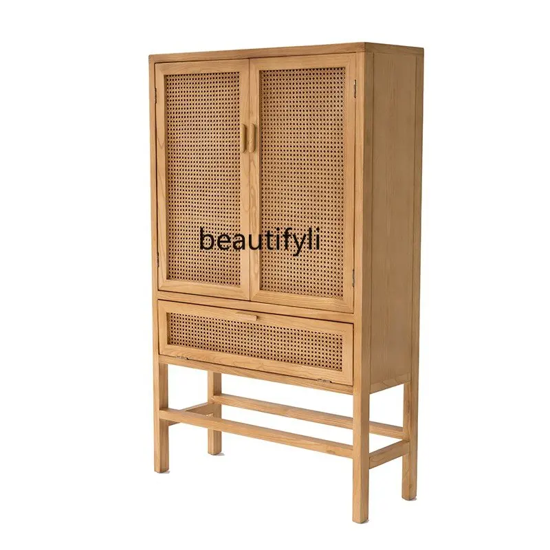 

Solid Wood Rattan Storage Cabinet Nordic Living Room Sideboard Storage Cabinet Bed & Breakfast Double Door Entrance Cabinet