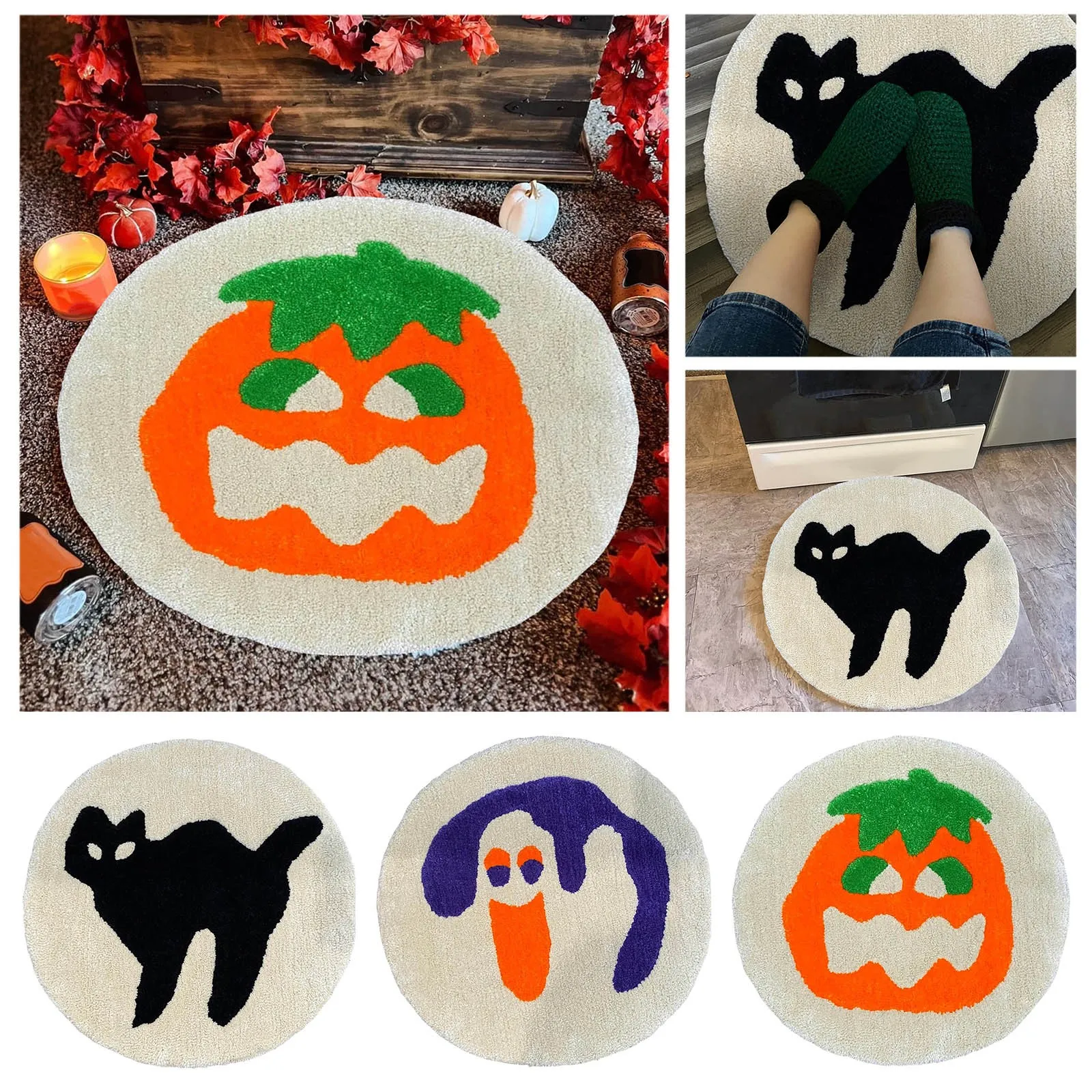 

Halloween Cookie Shape Rug Indoor Home Decoration Spooky Pumpkin Black Cat Halloween Home Party Decor Round Polyester Rug Mat