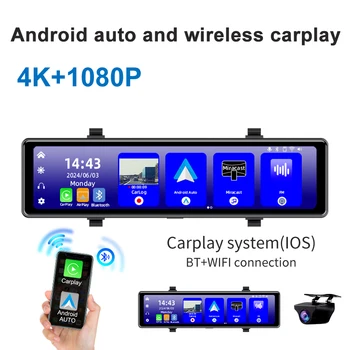 Acceo 4K Dashcam Rearview Mirror Car DVR Android Auto Wireless Carplay Built-in WIFI Support 1080P Rearview Camera Recorder GPS 2