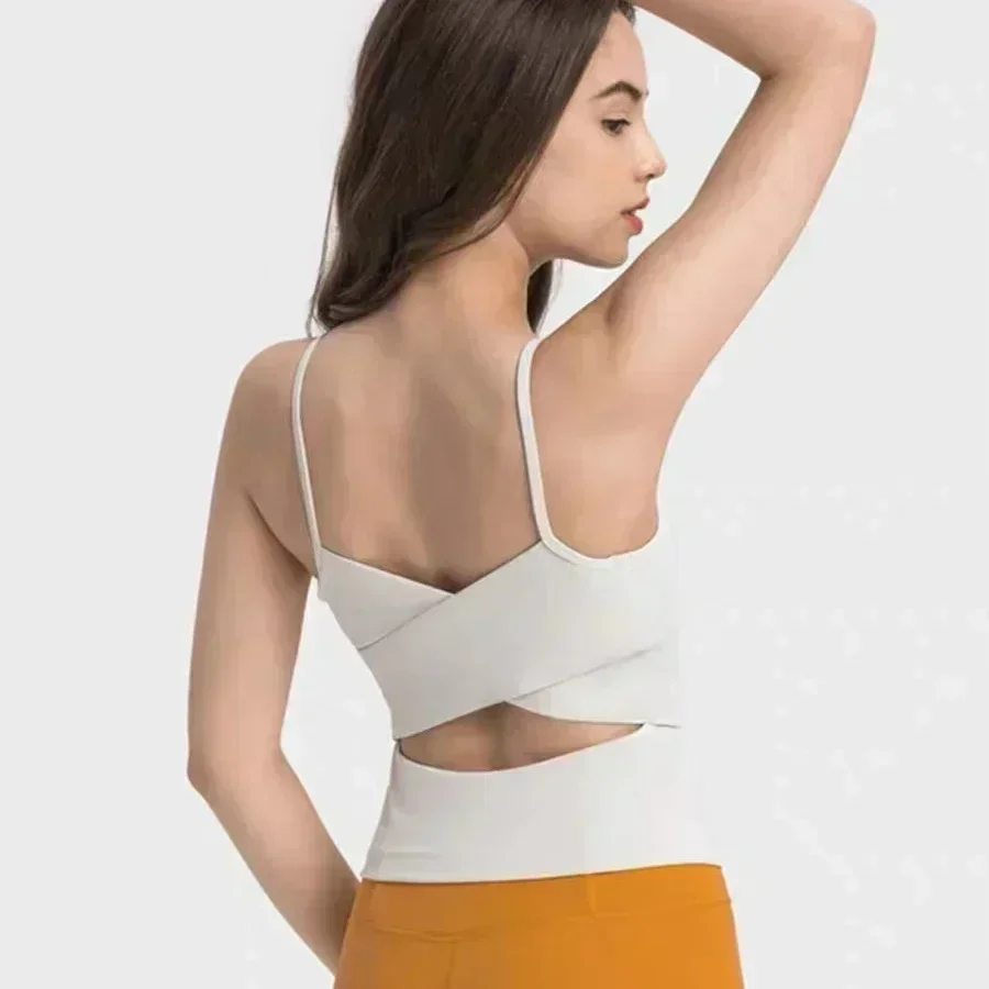 Lemon Cross-Back Women Yoga Vest With Light Support With Chest Pad Splicing Hollow Halter Fitness Vest Fashion Sports Tank Tops