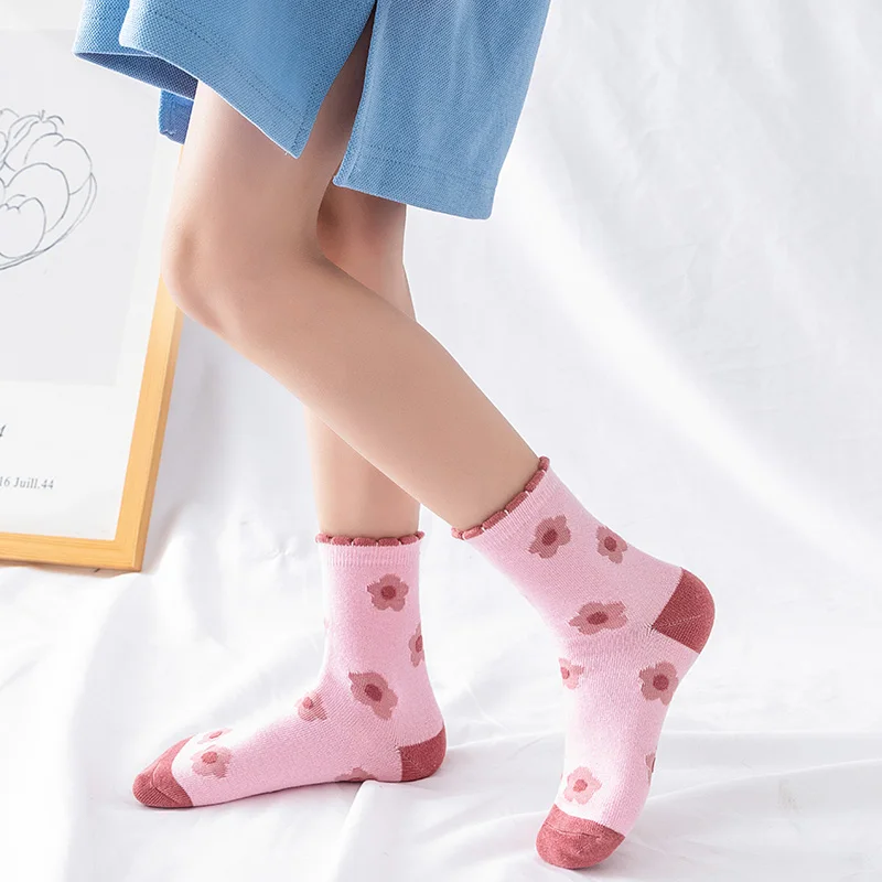 Childrens Socks 5 Pairs Pink Flower Knit