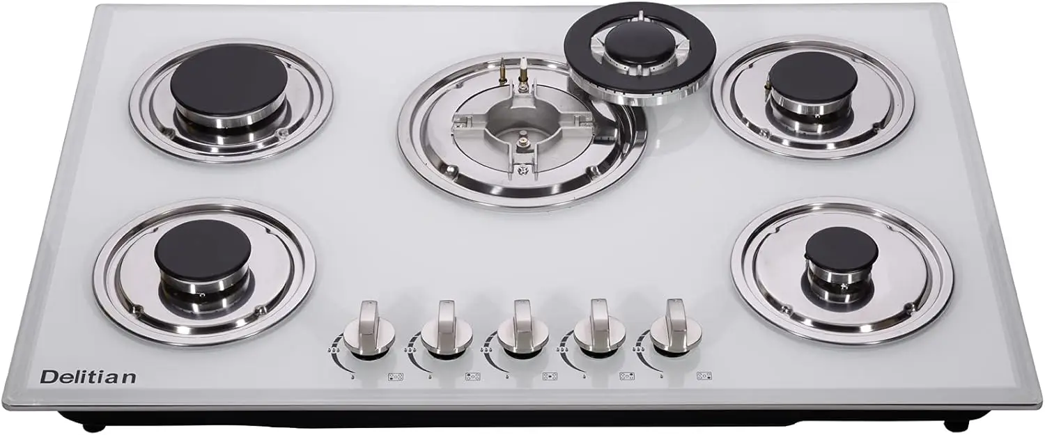 Gas Cooktop Tempered Glass Stovetop 5 Gas Burners LPG/NG Convertible Stove Thermocouple Protection 30 Inch