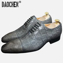 Zapatos italianos Oxford con estampado de cocodrilo para hombre, calzado de vestir con cordones, Punta puntiaguda, para boda y oficina, de cuero