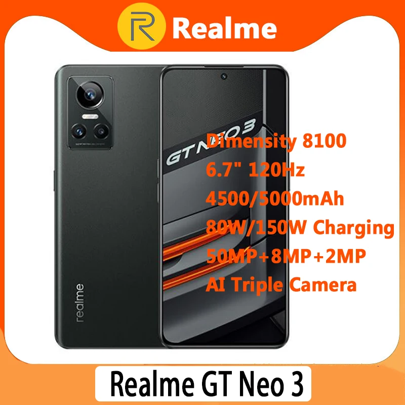 Global ROM realme GT Neo 3 80W 12GB 256GB Dimensity 8100 Octa Core 6.7''  120Hz AMOLED Display 5000mAh Battery 50MP Chinese Rom