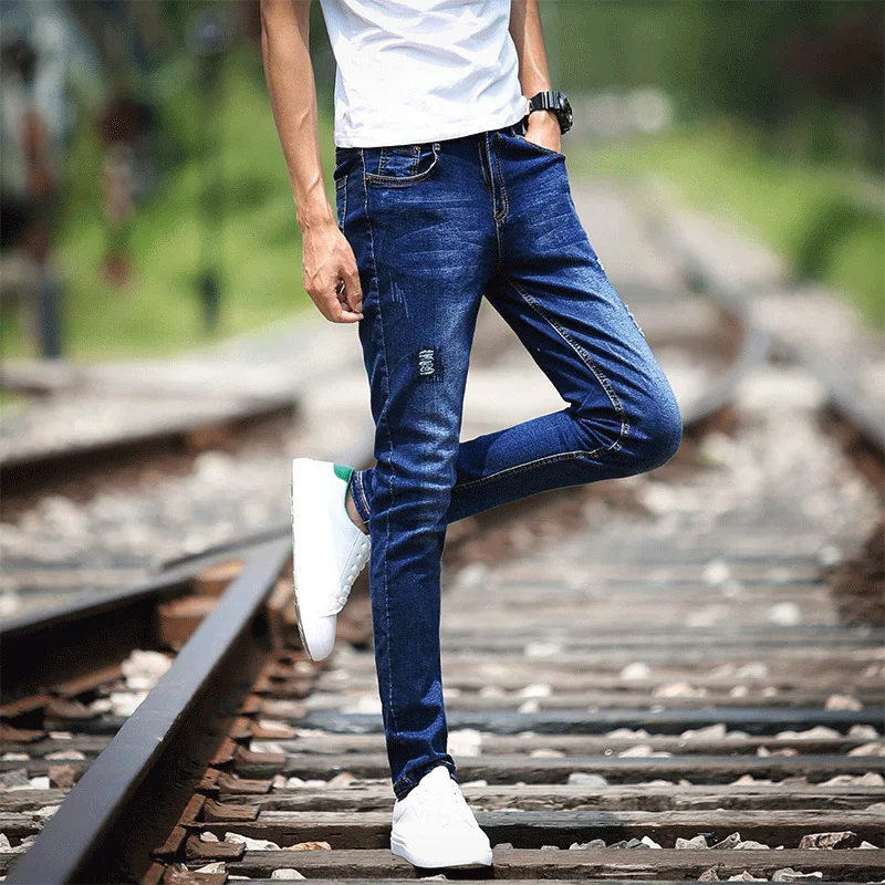 Summer 2022 Fashion Casual Hip Hop Thin Trendy Personality Fashion Jeans Men's Stretch Feet Korean Slim Stretch Pencil Pants